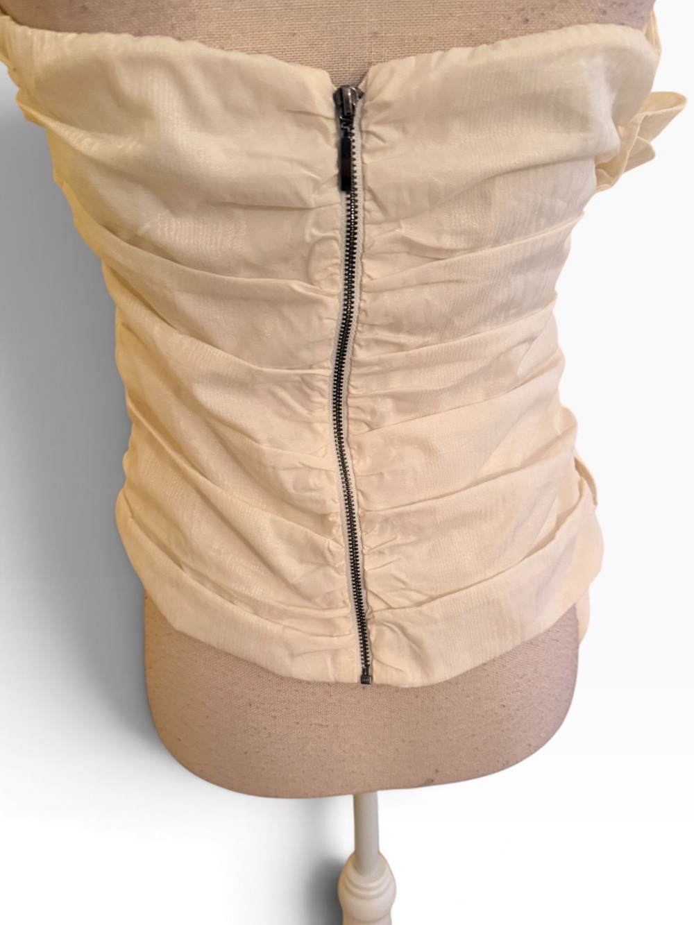 Express Cream Ruched Ruffle Bustier Strapless Top with Round Ruffle Side Accent - Picture 5 of 7